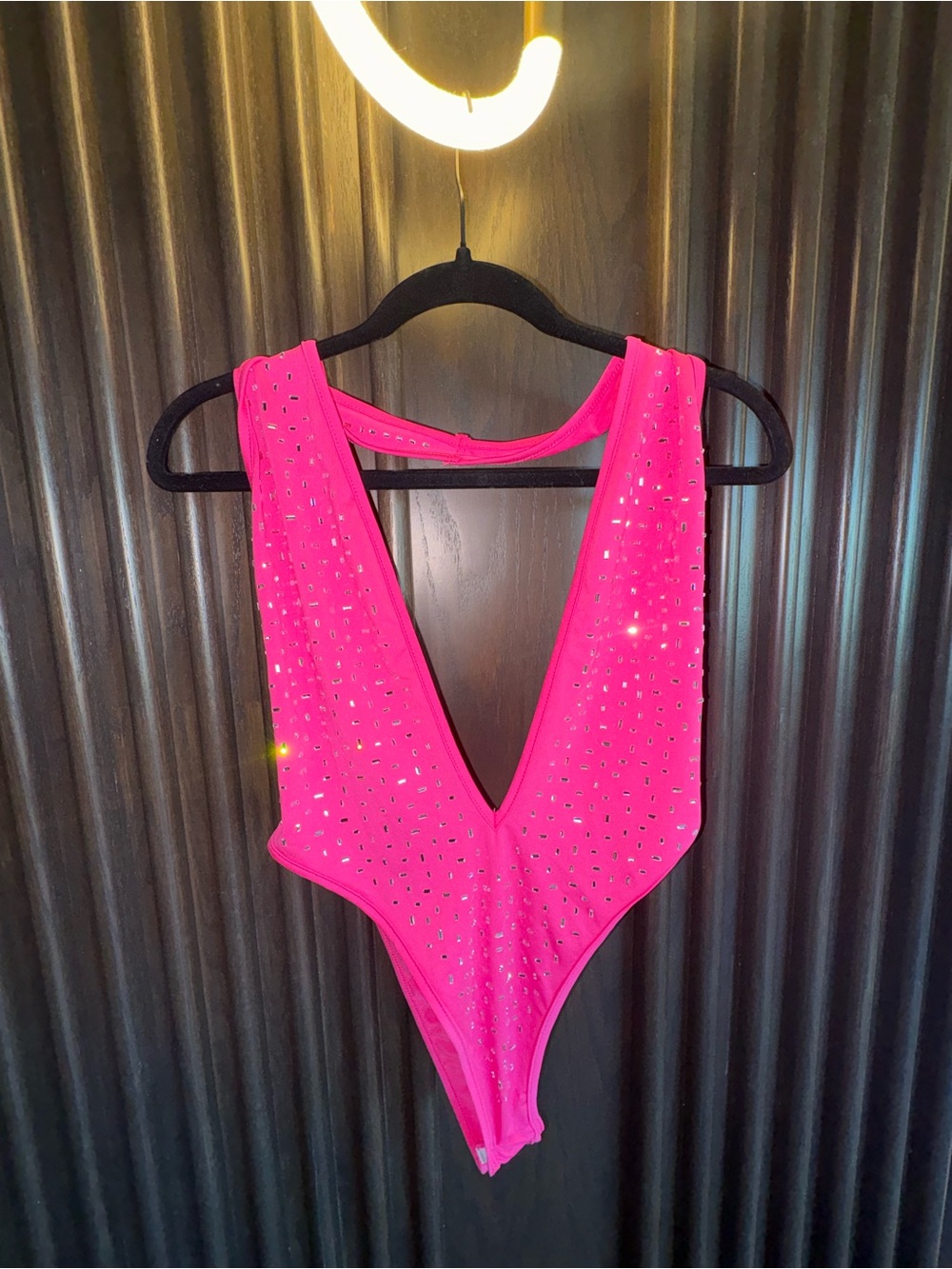 Studded Hot Pink Deep V Sleeveless Bodysuit - Picture 7 of 8